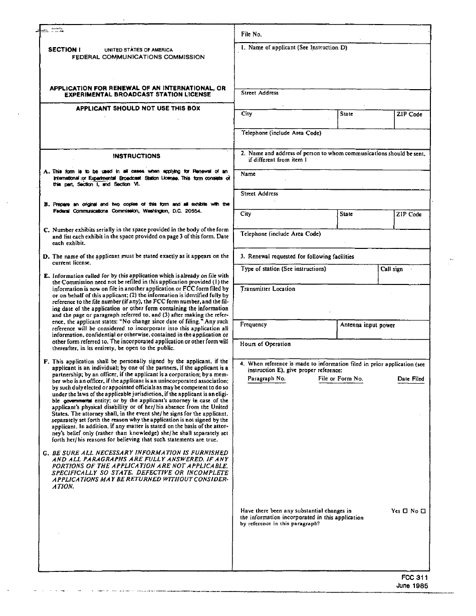 FCC Form 311 Application for Renewal of an International, or Experimental Broadcast Station License, Page 1