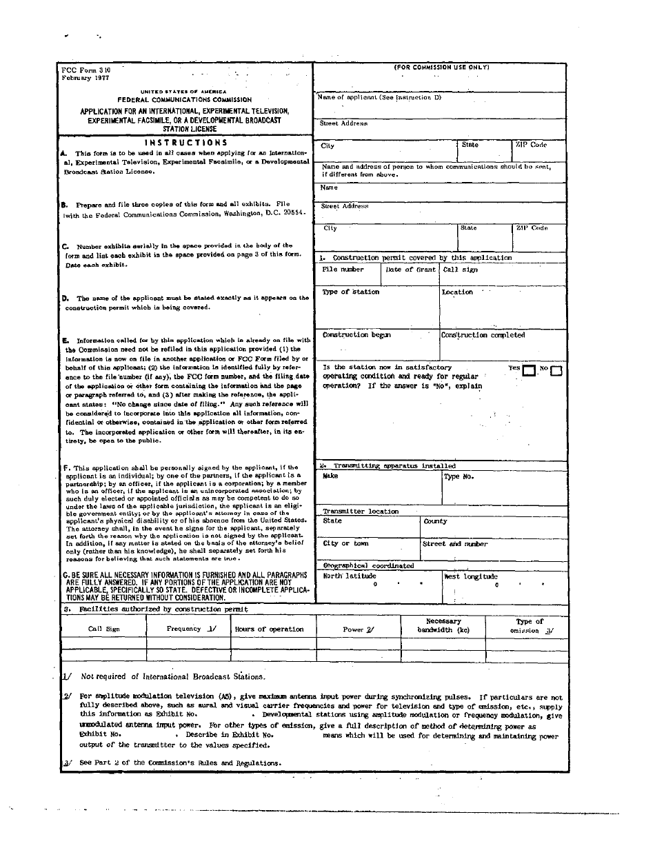 FCC Form 310 Application for an International, Experimental Television, Experimental Facsimile, or a Developmental Broadcast Station License, Page 1