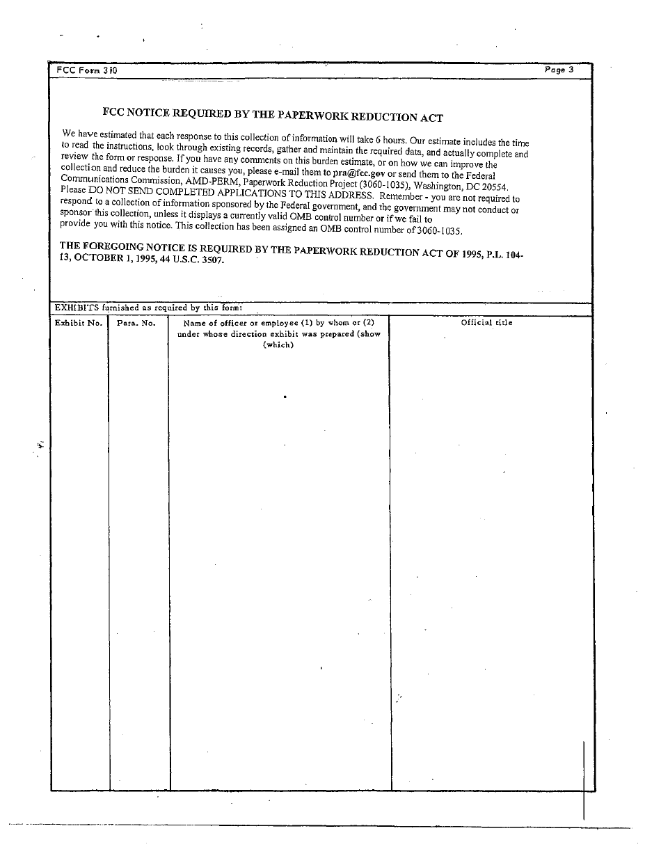 FCC Form 310 Application for an International, Experimental Television, Experimental Facsimile, or a Developmental Broadcast Station License, Page 3
