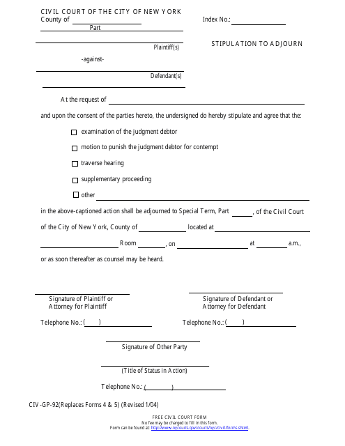Form CIV-GP-92 Stipulation to Adjourn - New York City