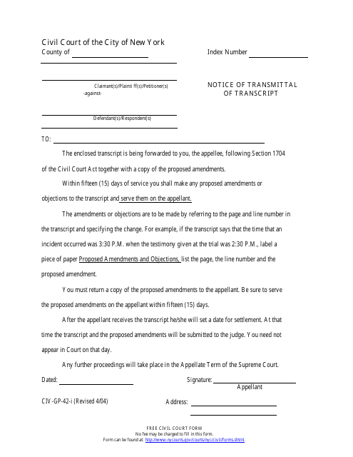 Form CIV-GP-42 Notice of Transmittal of Transcript - New York City