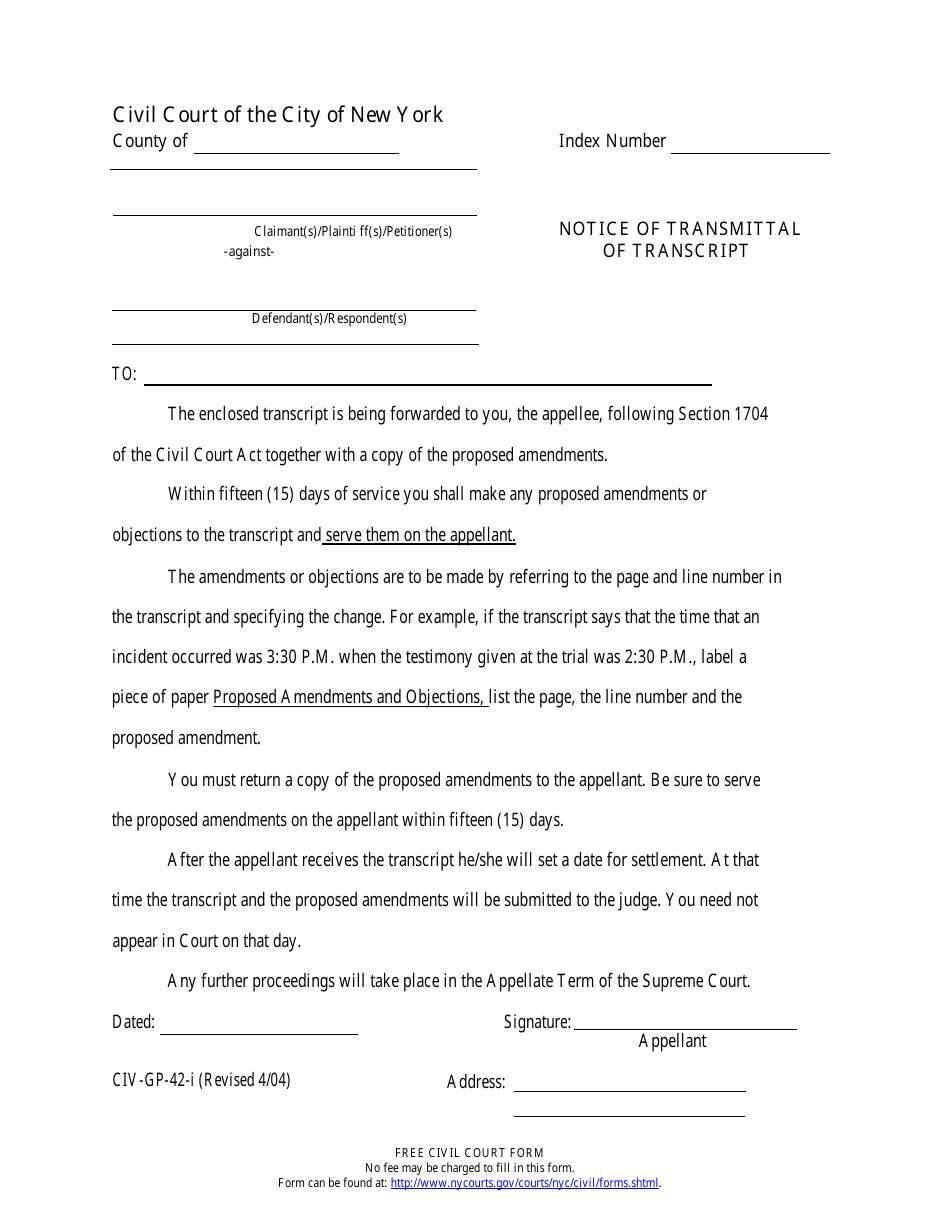 Form CIV-GP-42 Notice of Transmittal of Transcript - New York City, Page 1