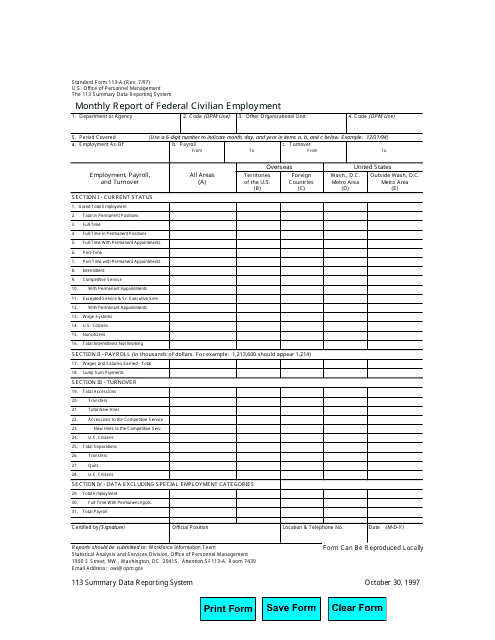 OPM Form SF-113-A Monthly Report of Federal Civilian Employment