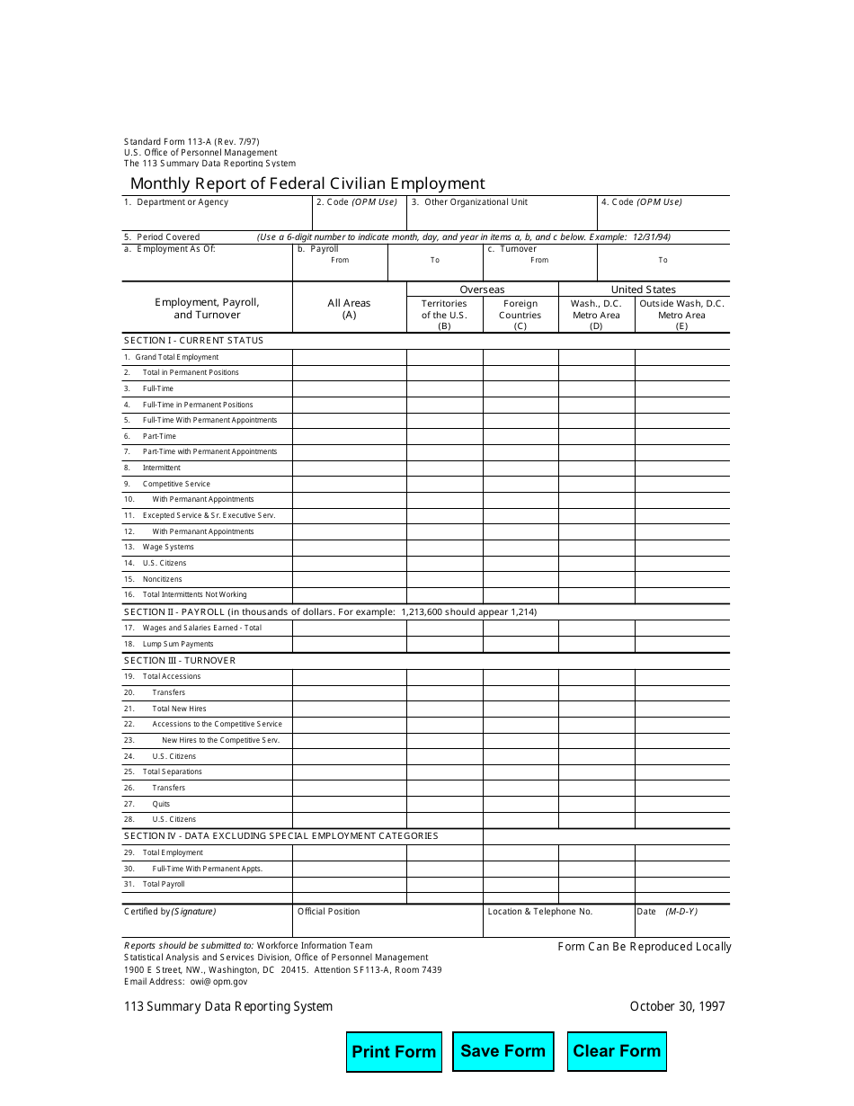 OPM Form SF-113-A Monthly Report of Federal Civilian Employment, Page 1