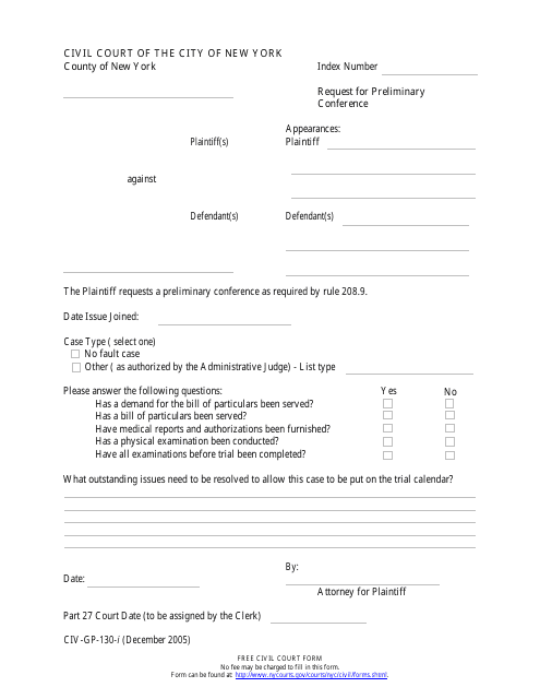 Form CIV-GP-130 Request for Preliminary Conference - New York City