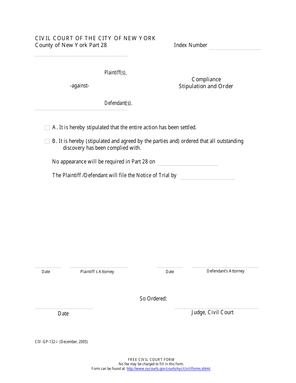 Form CIV-GP-132-i Compliance Stipulation and Order - New York, Page 1