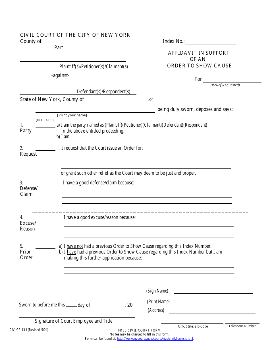 Form CIV-GP-13 Affidavit in Support of an Order to Show Cause - New York City, Page 1