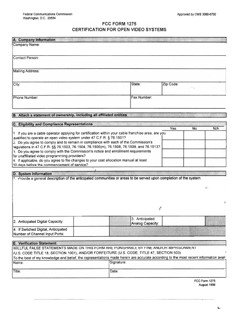 FCC Form 1275  Printable Pdf