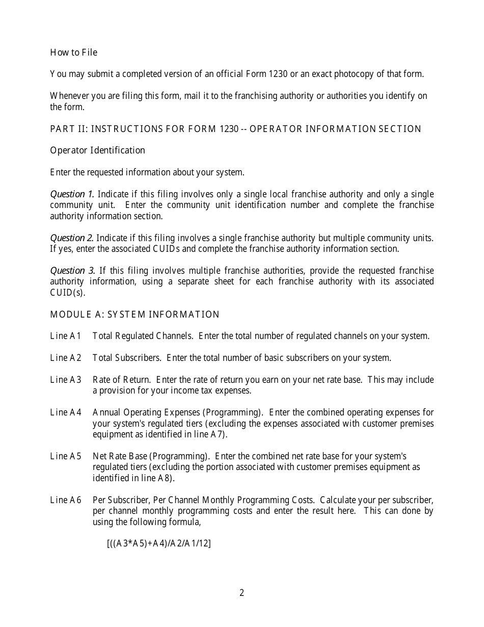 Instructions for FCC Form 1230 Establishing Maximum Permitted Rates for Regulated Cable Services on Small Cable Systems, Page 2