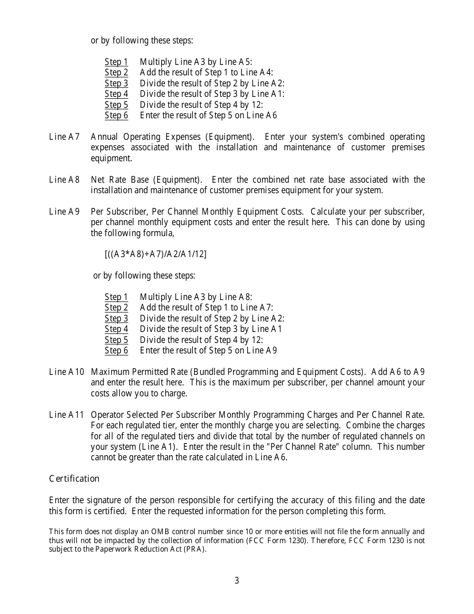 Instructions for FCC Form 1230 Establishing Maximum Permitted Rates for Regulated Cable Services on Small Cable Systems, Page 3