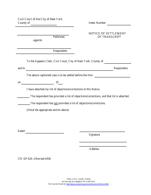 Form CIV-GP-42A Notice of Settlement of Transcript - New York City