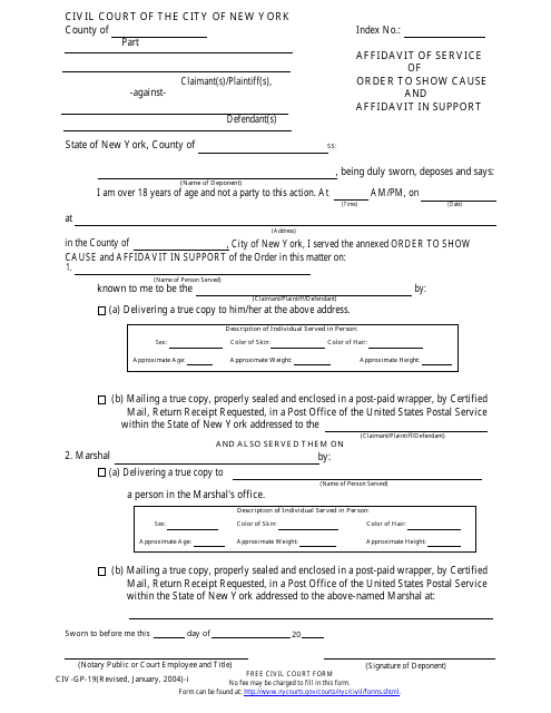 Form CIV-GP-19 Affidavit of Service of Order to Show Cause and Affidavit in Support - New York City