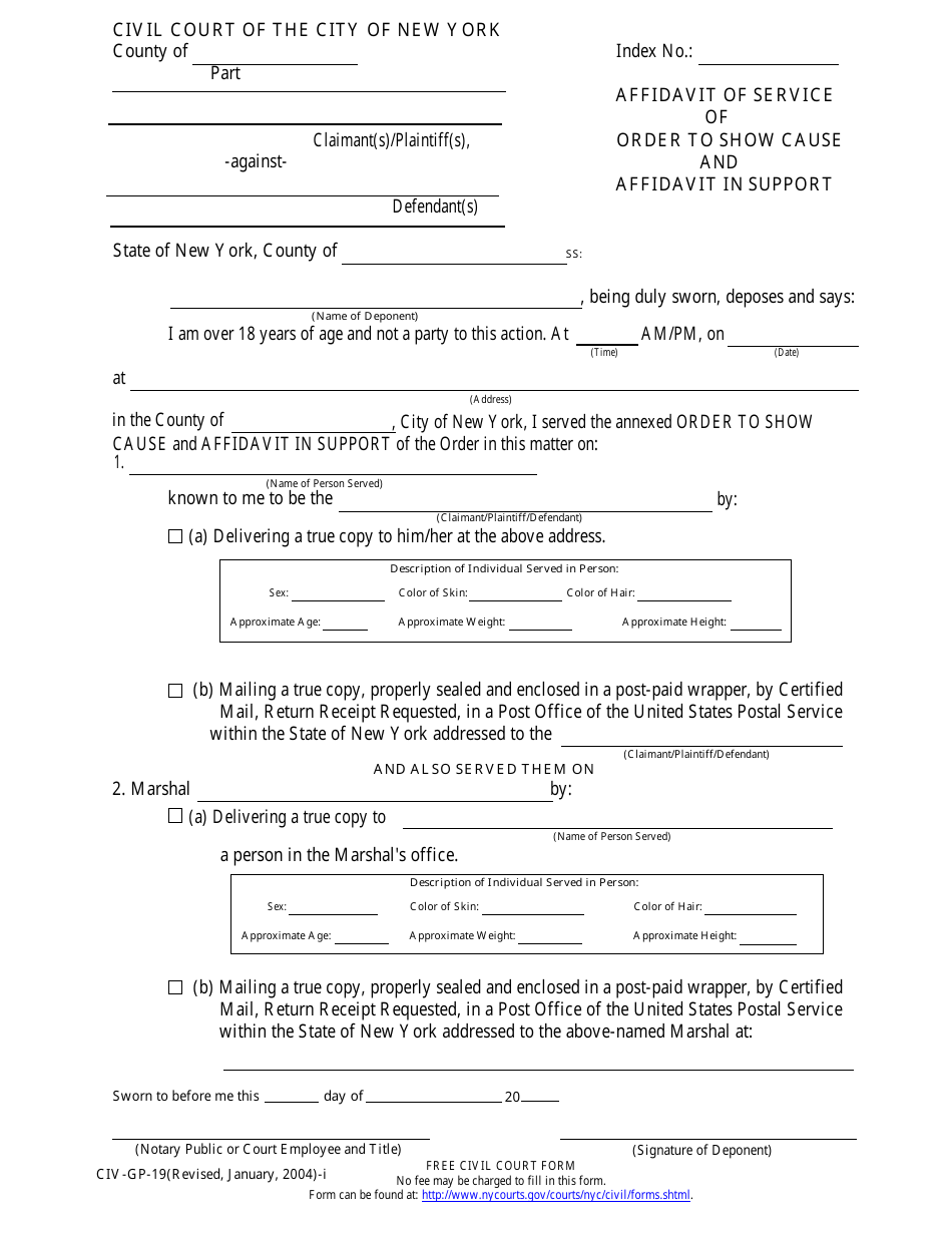 Form CIV-GP-19 Affidavit of Service of Order to Show Cause and Affidavit in Support - New York City, Page 1