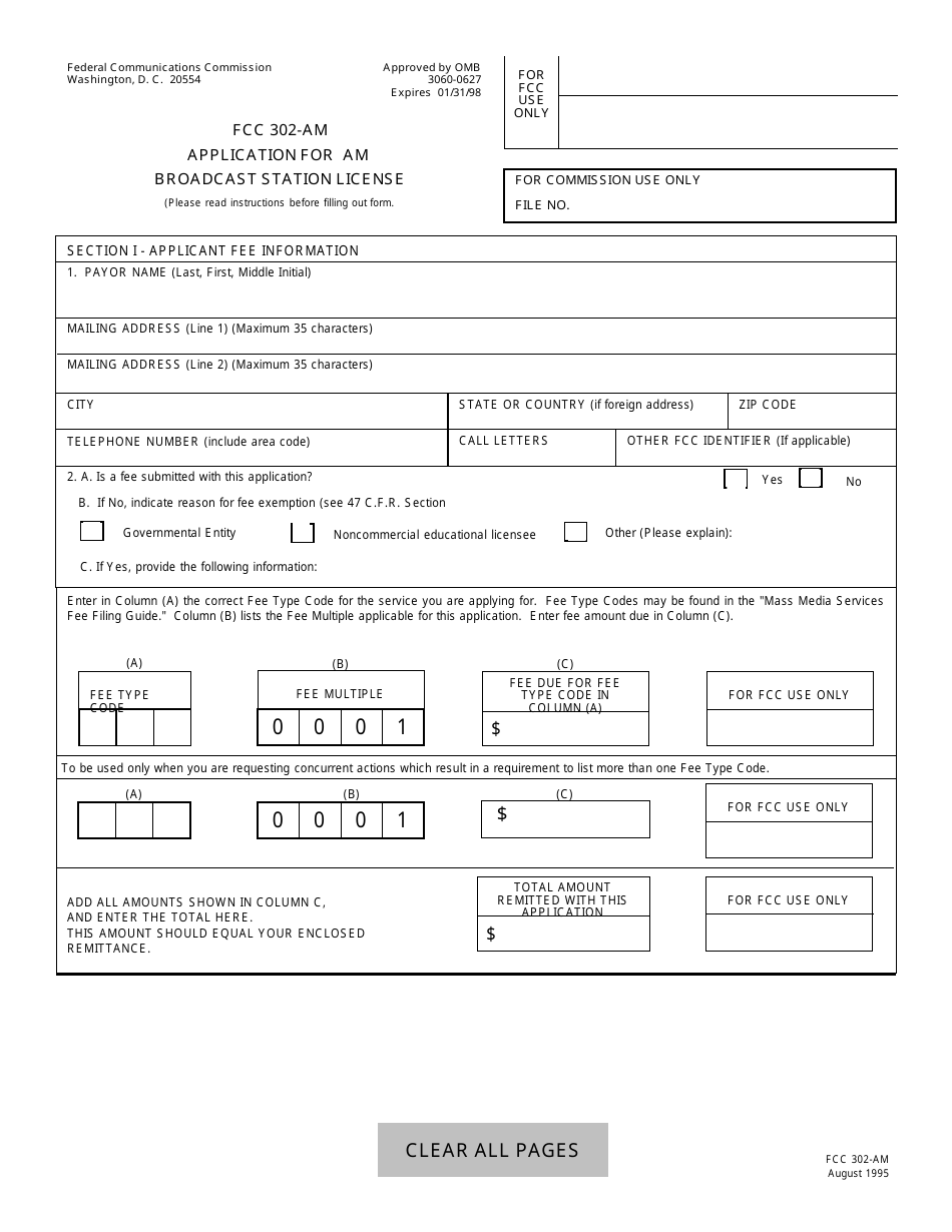 FCC Form 302-AM Application for Am Broadcast Station License, Page 1