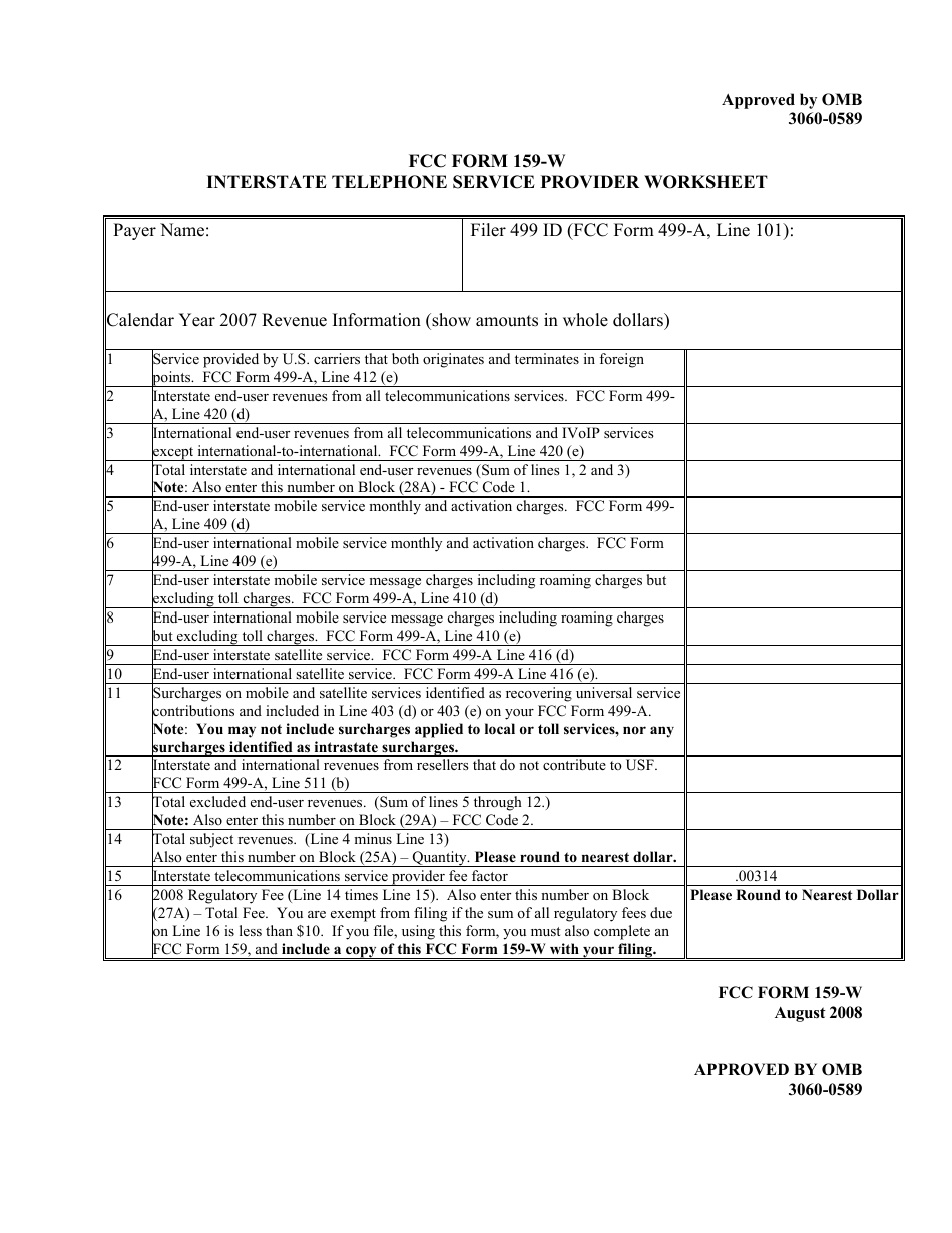 FCC Form 159-W Interstate Telephone Service Provider Worksheet, Page 1