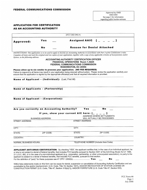 FCC Form 44 Application for Certification as an Accounting Authority