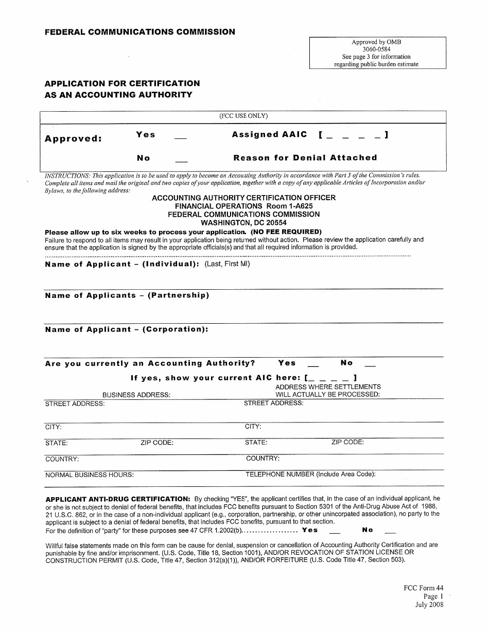 FCC Form 44 Application for Certification as an Accounting Authority, Page 1