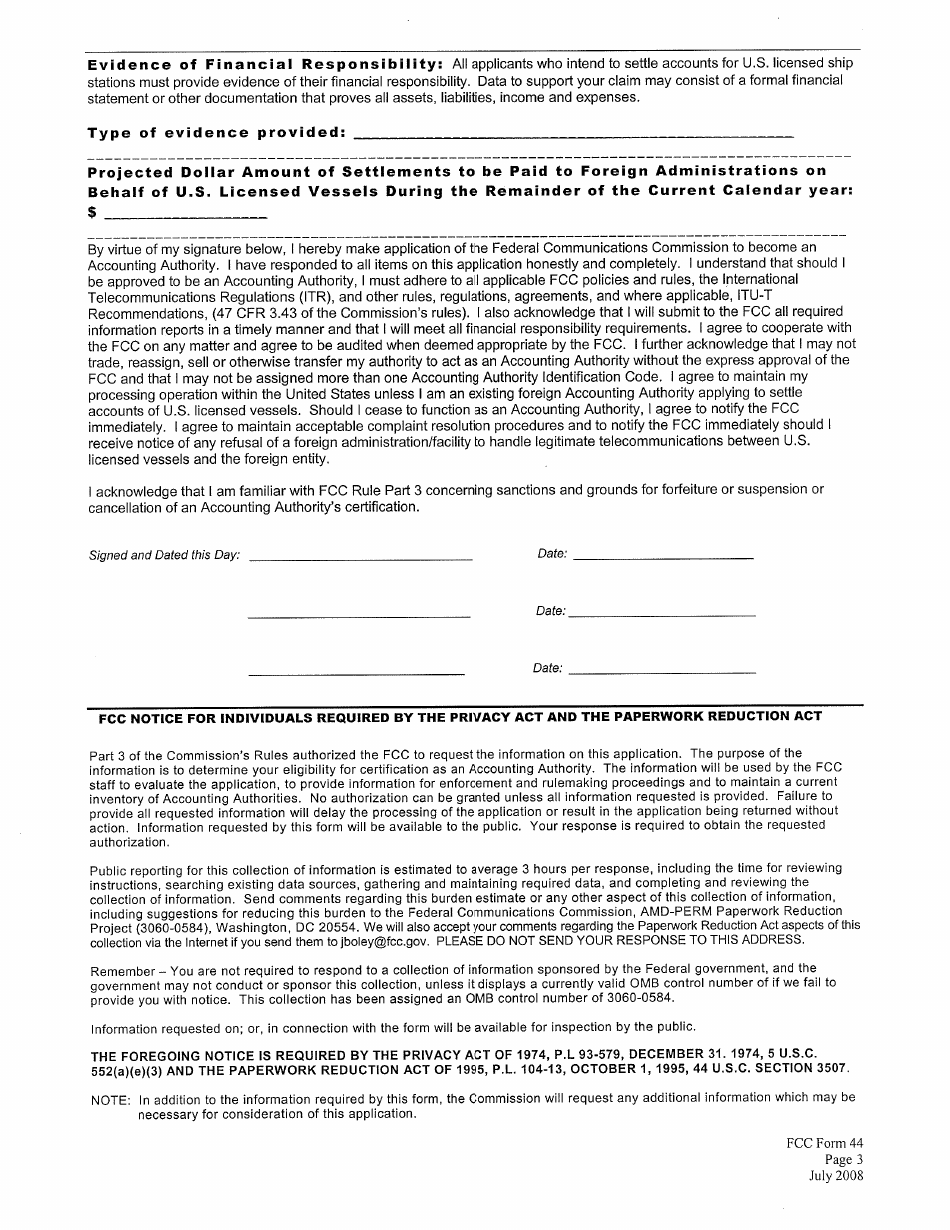 FCC Form 44 Application for Certification as an Accounting Authority, Page 3