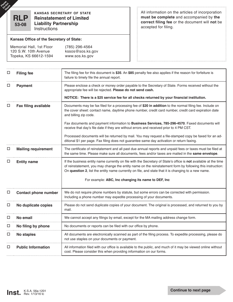 Form RLP53-08 Reinstatement of Limited Liability Partnership - Kansas, Page 1