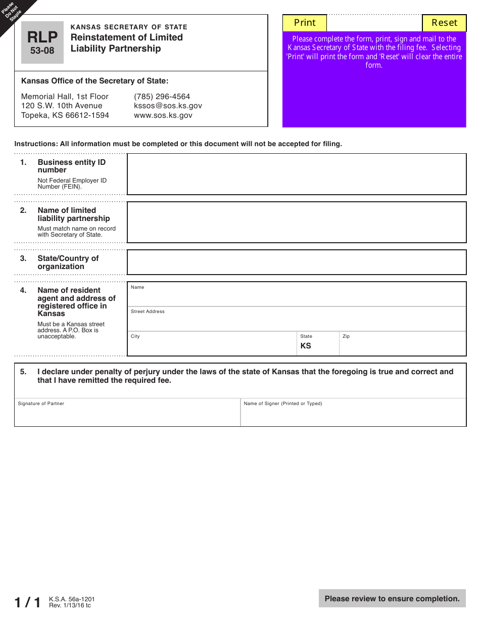 Form RLP53-08 Reinstatement of Limited Liability Partnership - Kansas, Page 3