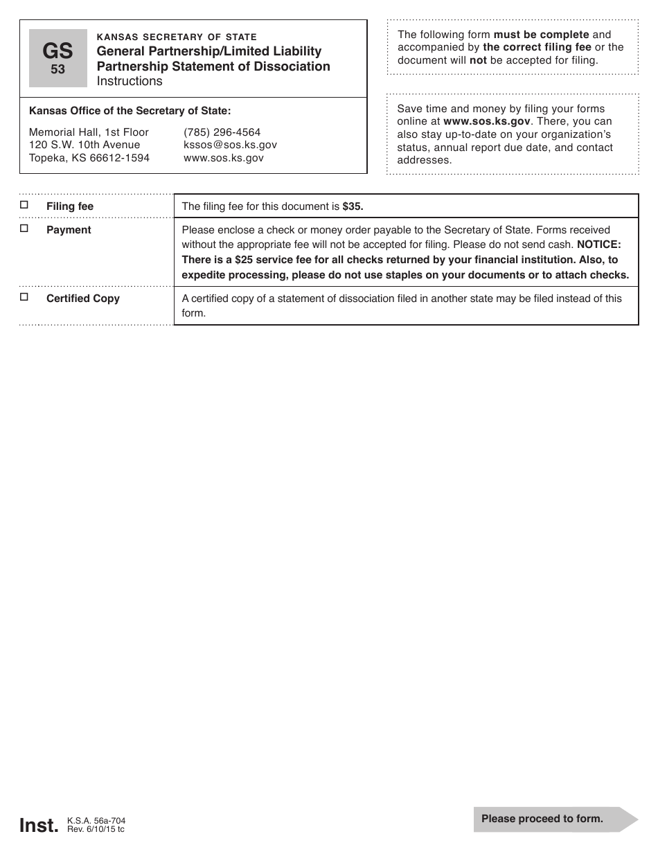 Form GS53 General Partnership / Limited Liability Partnership Statement of Dissociation - Kansas, Page 1