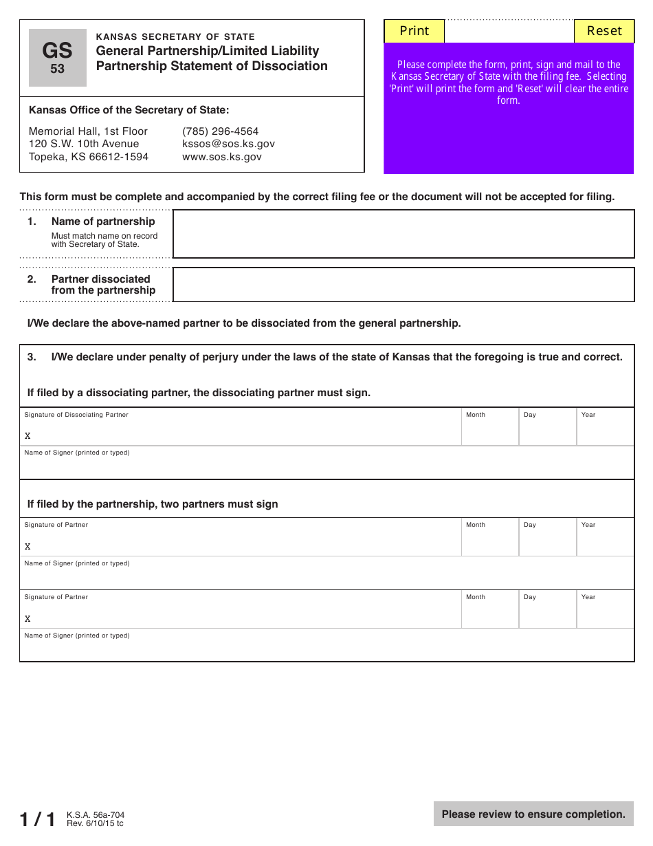 Form GS53 General Partnership / Limited Liability Partnership Statement of Dissociation - Kansas, Page 2