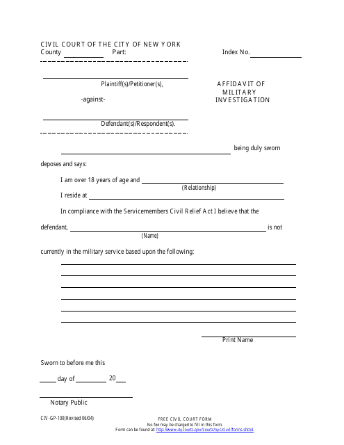 Form CIV-GP-100 Affidavit of Military Investigation - New York City