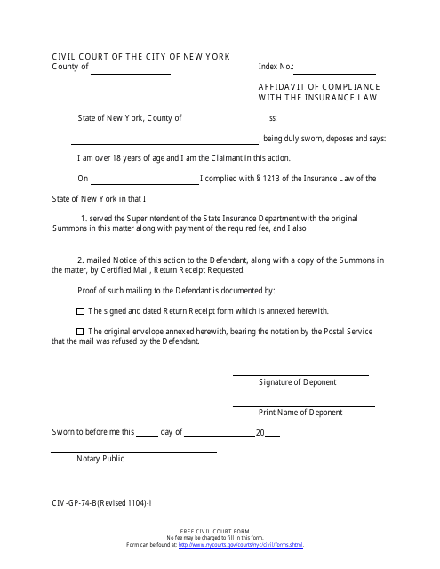 Form CIV-GP-74-B  Printable Pdf