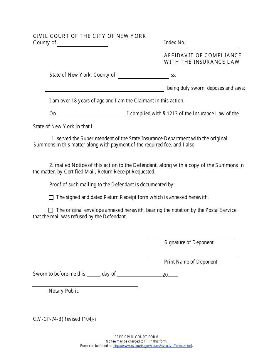 Form CIV-GP-74-B Affidavit of Compliance With the Insurance Law - New York City, Page 1