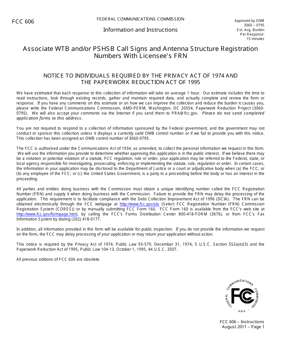 FCC Form 606 Associate Wtb and / or Pshsb Call Signs and Antenna Structure Registration Numbers With Licensees Frn, Page 1