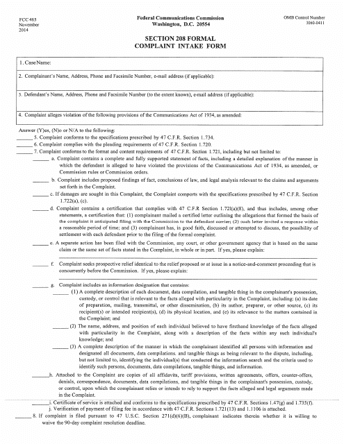 FCC Form 485 Section 208 Formal Complaint Intake Form