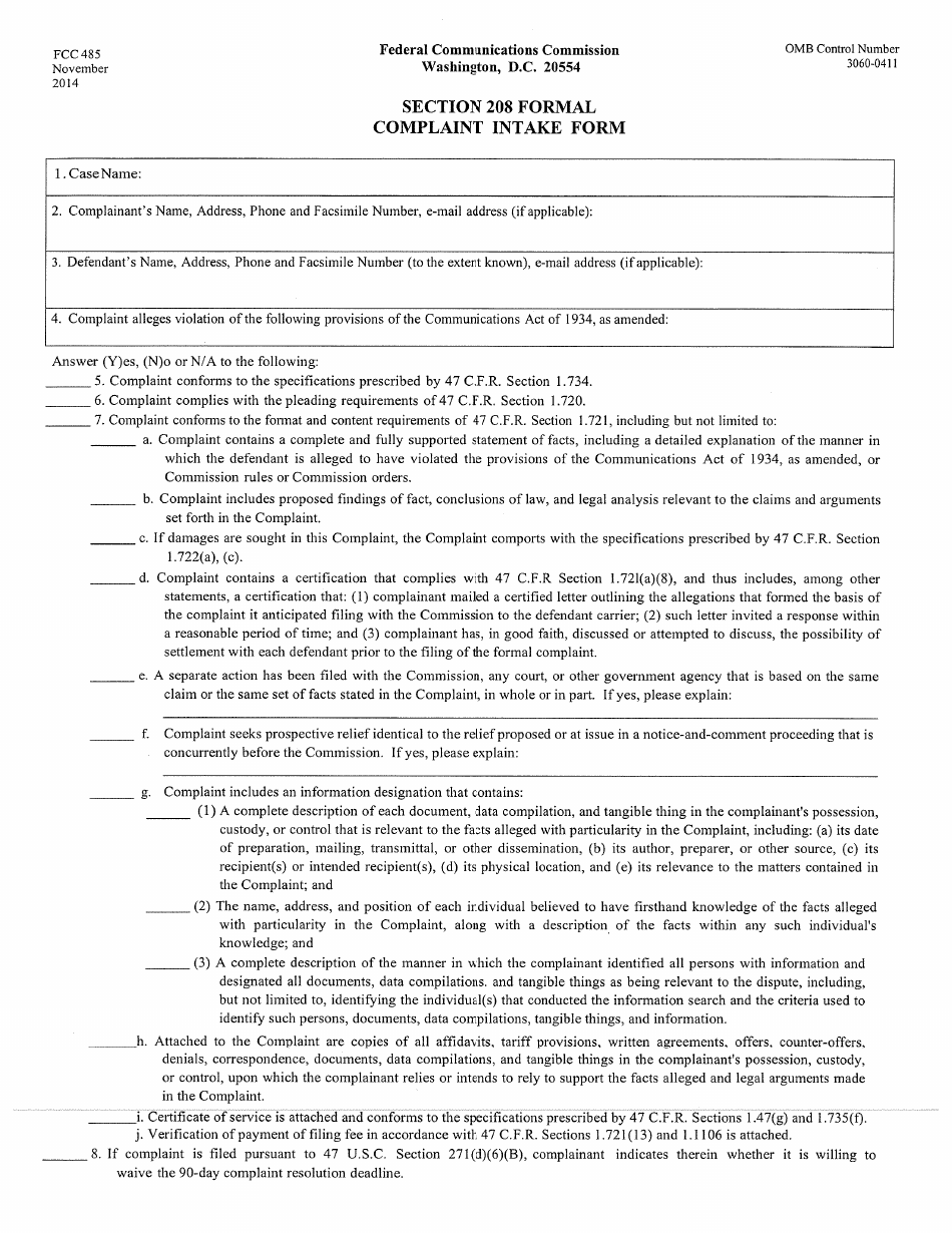 FCC Form 485 Section 208 Formal Complaint Intake Form, Page 1