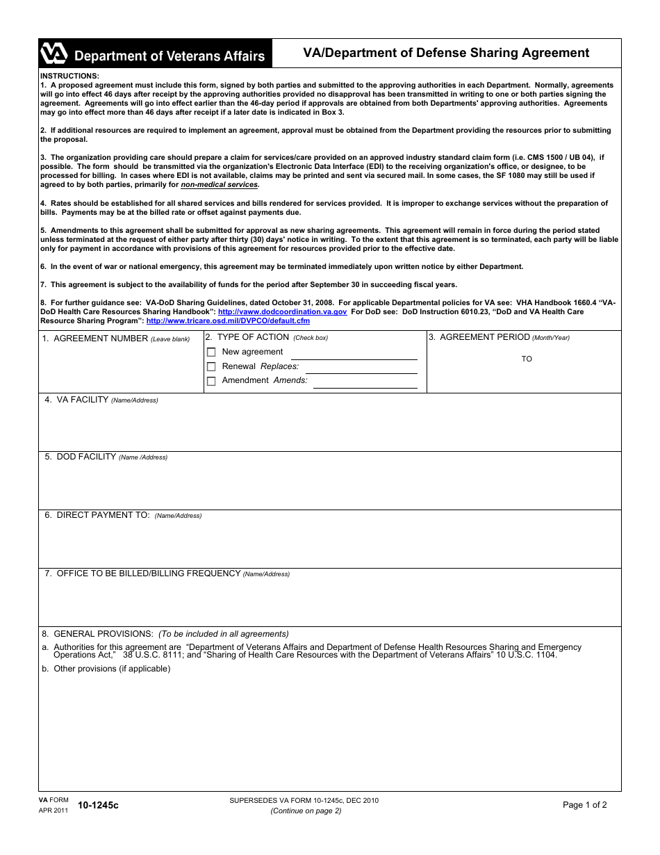 VA Form 10-1245C VA / Department of Defense Sharing Agreement, Page 1