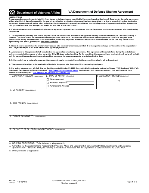 VA Form 10-1245C VA/Department of Defense Sharing Agreement