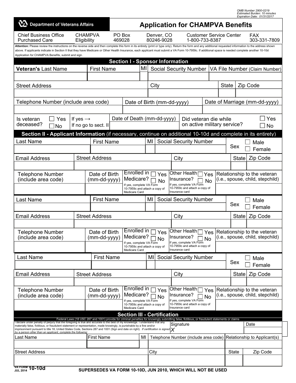 VA Form 10-10D Application for CHAMPVA Benefits, Page 1