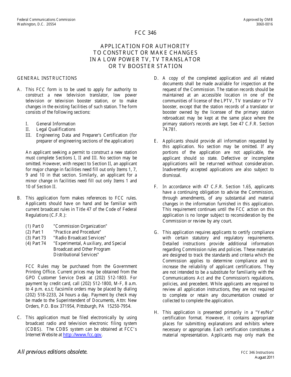 FCC Form 346 Application for Authority to Construct or Make Changes in a Low Power Tv, Tv Translator or Tv Booster Station, Page 1