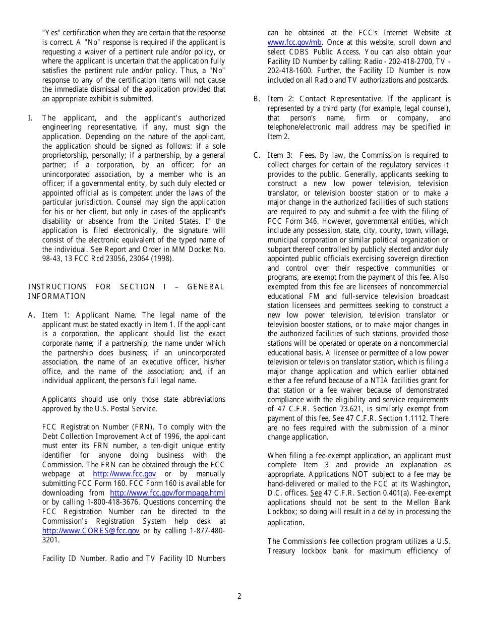 FCC Form 346 Application for Authority to Construct or Make Changes in a Low Power Tv, Tv Translator or Tv Booster Station, Page 2