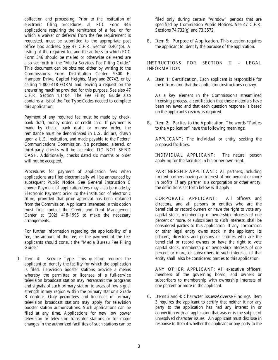 FCC Form 346 Application for Authority to Construct or Make Changes in a Low Power Tv, Tv Translator or Tv Booster Station, Page 3