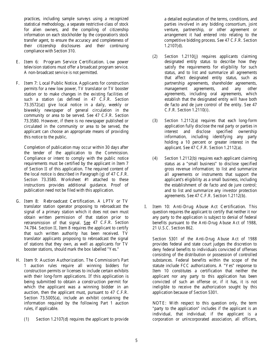 FCC Form 346 Application for Authority to Construct or Make Changes in a Low Power Tv, Tv Translator or Tv Booster Station, Page 5