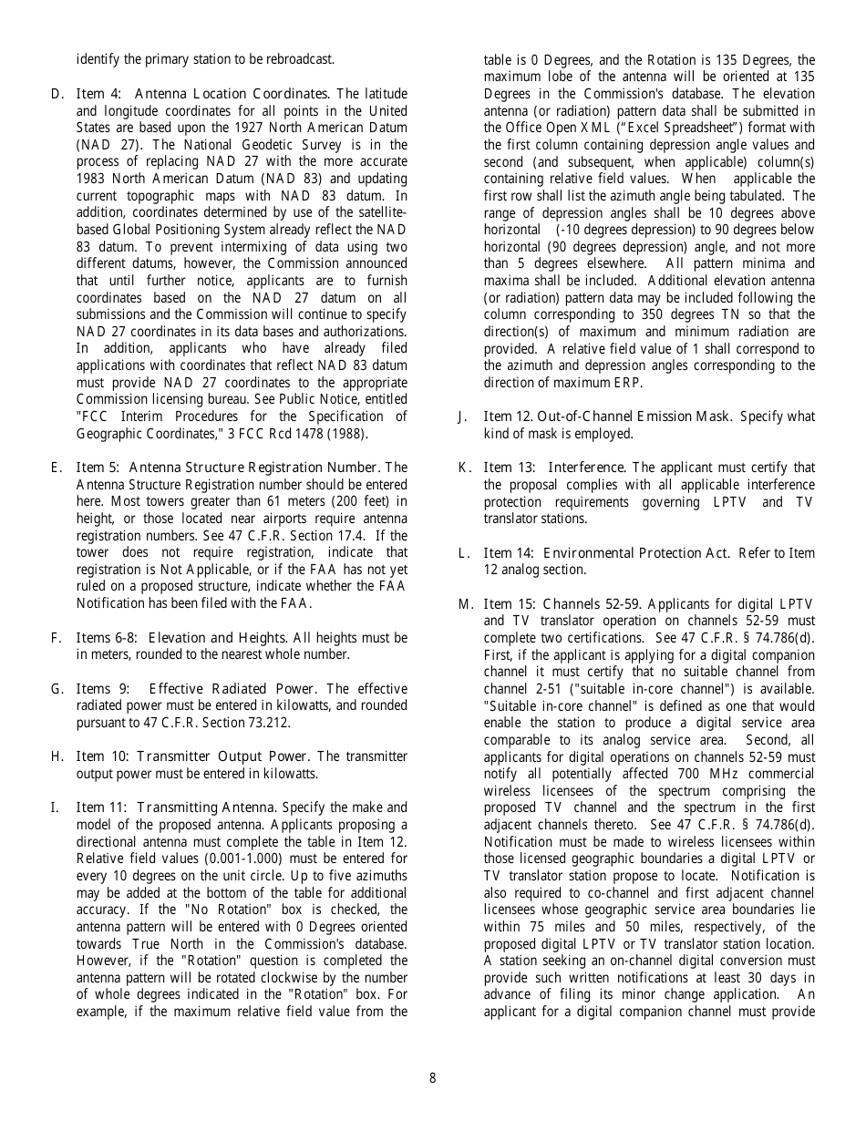 FCC Form 346 Application for Authority to Construct or Make Changes in a Low Power Tv, Tv Translator or Tv Booster Station, Page 8