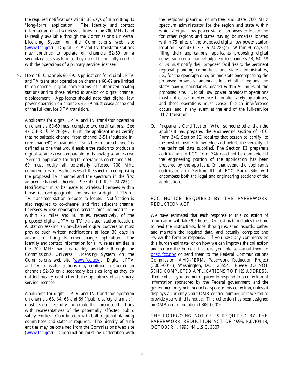 FCC Form 346 Application for Authority to Construct or Make Changes in a Low Power Tv, Tv Translator or Tv Booster Station, Page 9