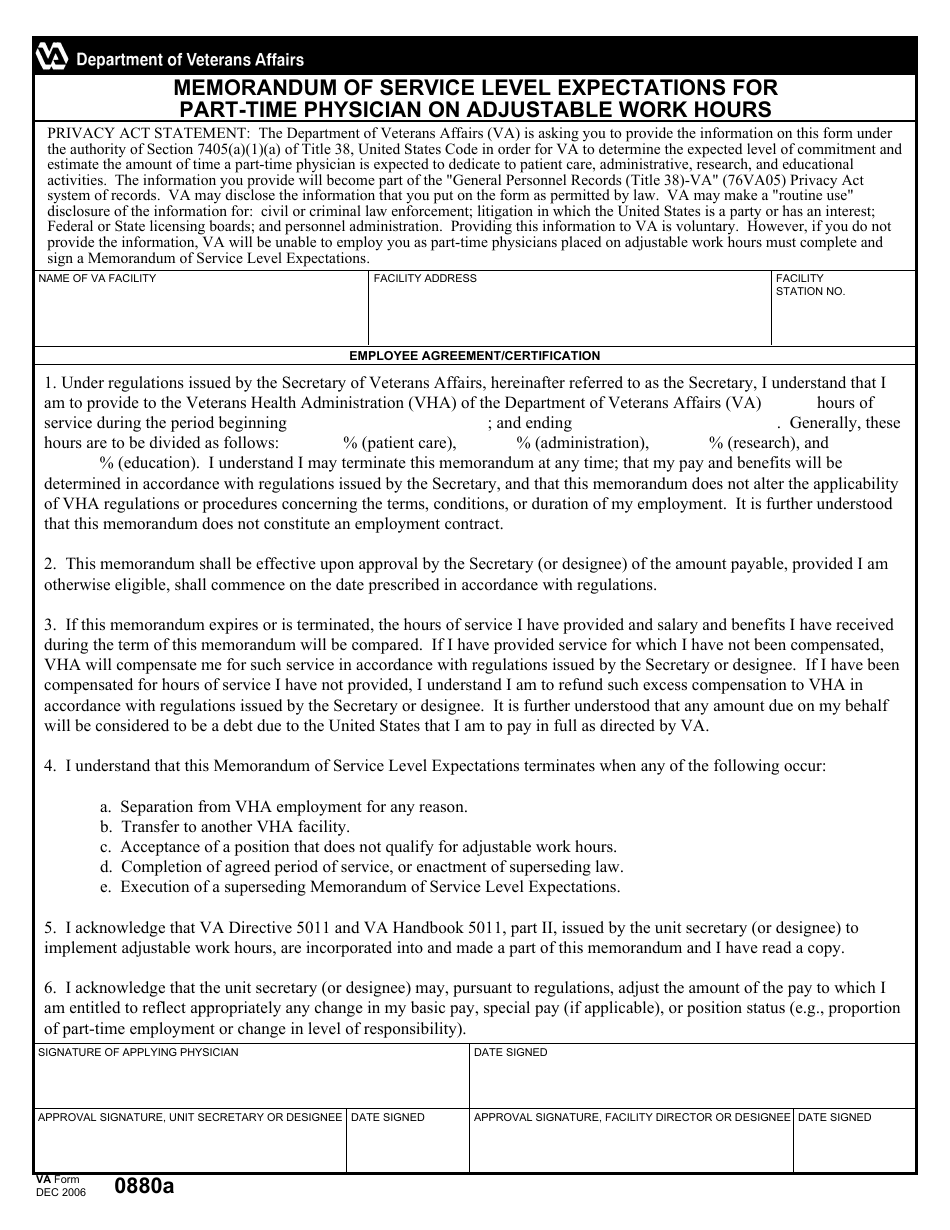 VA Form 0880A Memorandum of Service Level Expectations for Part-Time Physician on Adjustable Work Hours, Page 1