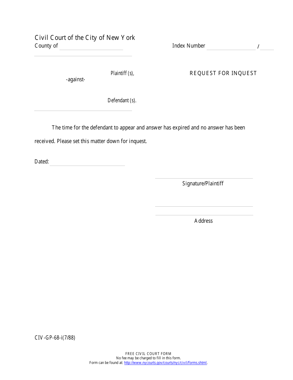 Form CIV-GP-68-i Request for Inquest - New York, Page 1