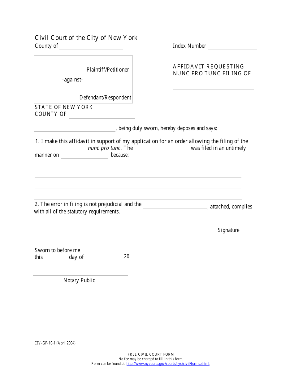 Form CIV-GP-10-1 Affidavit Requesting Nunc Pro Tunc Filing of - New York, Page 1