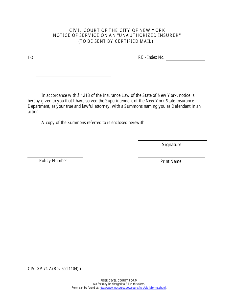 Form 74-a-i Notice of Service on an unauthorized Insurer - New York, Page 1
