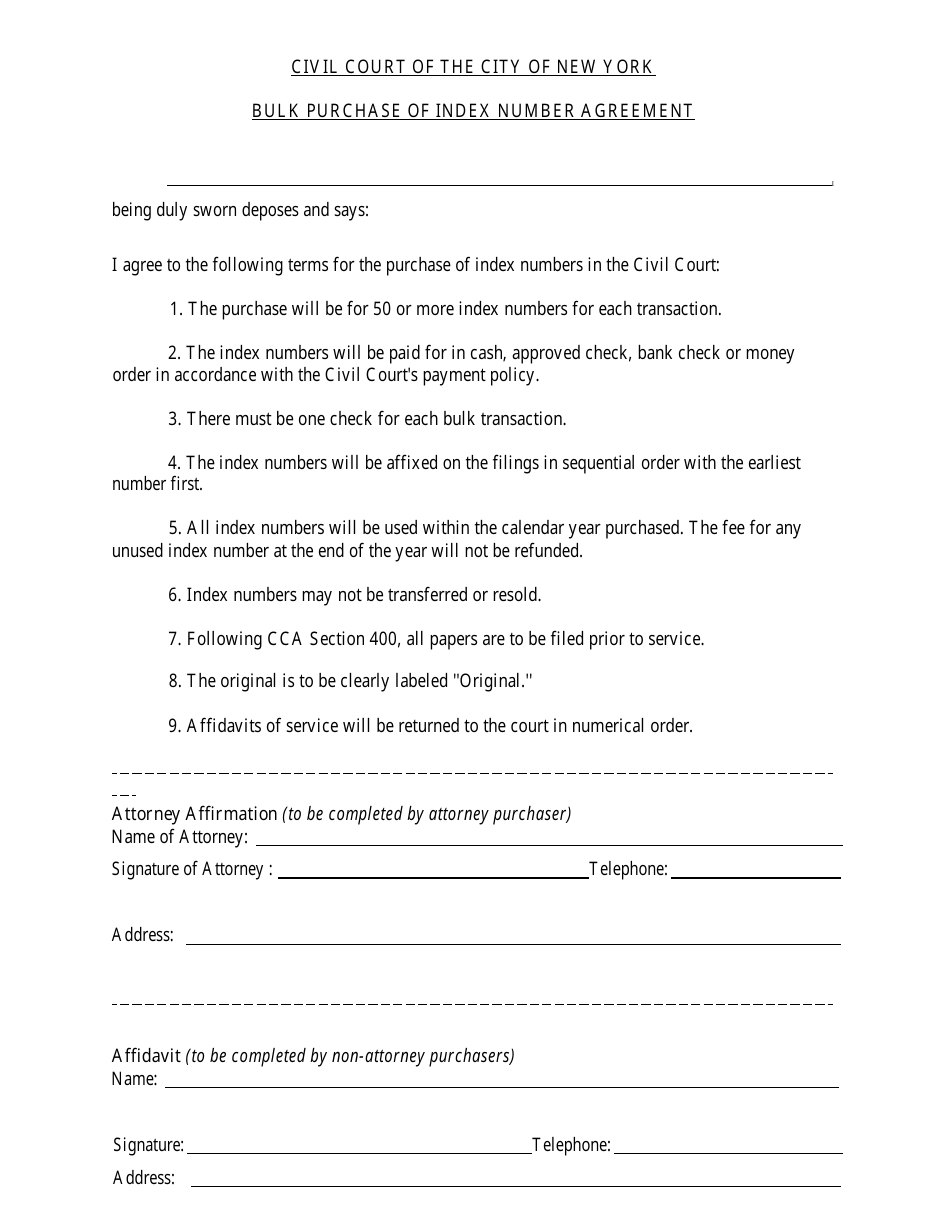 Form CIV-AD-79 Bulk Purchase of Index Number Agreement - New York, Page 1
