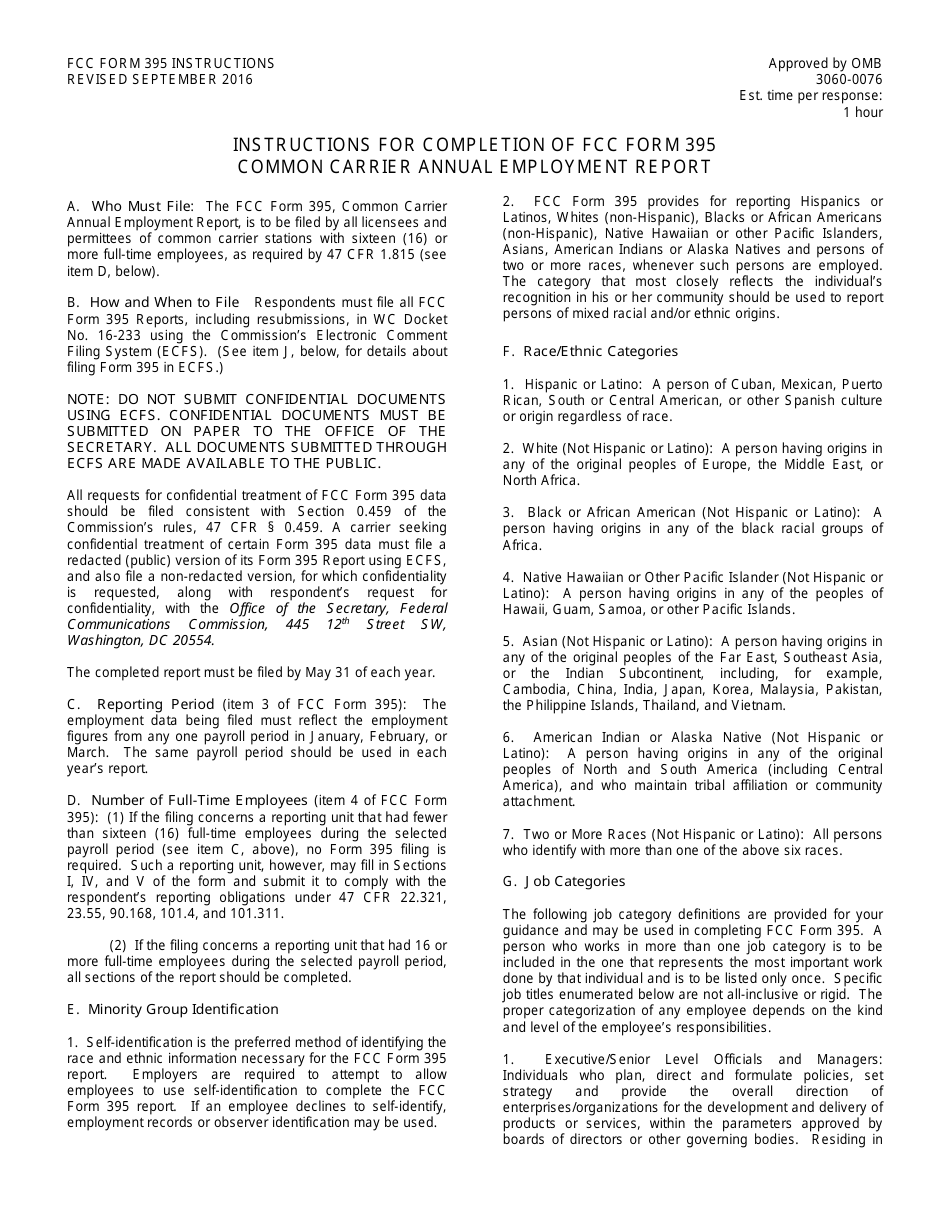 Instructions for FCC Form 395 Common Carrier Annual Employment Report, Page 1