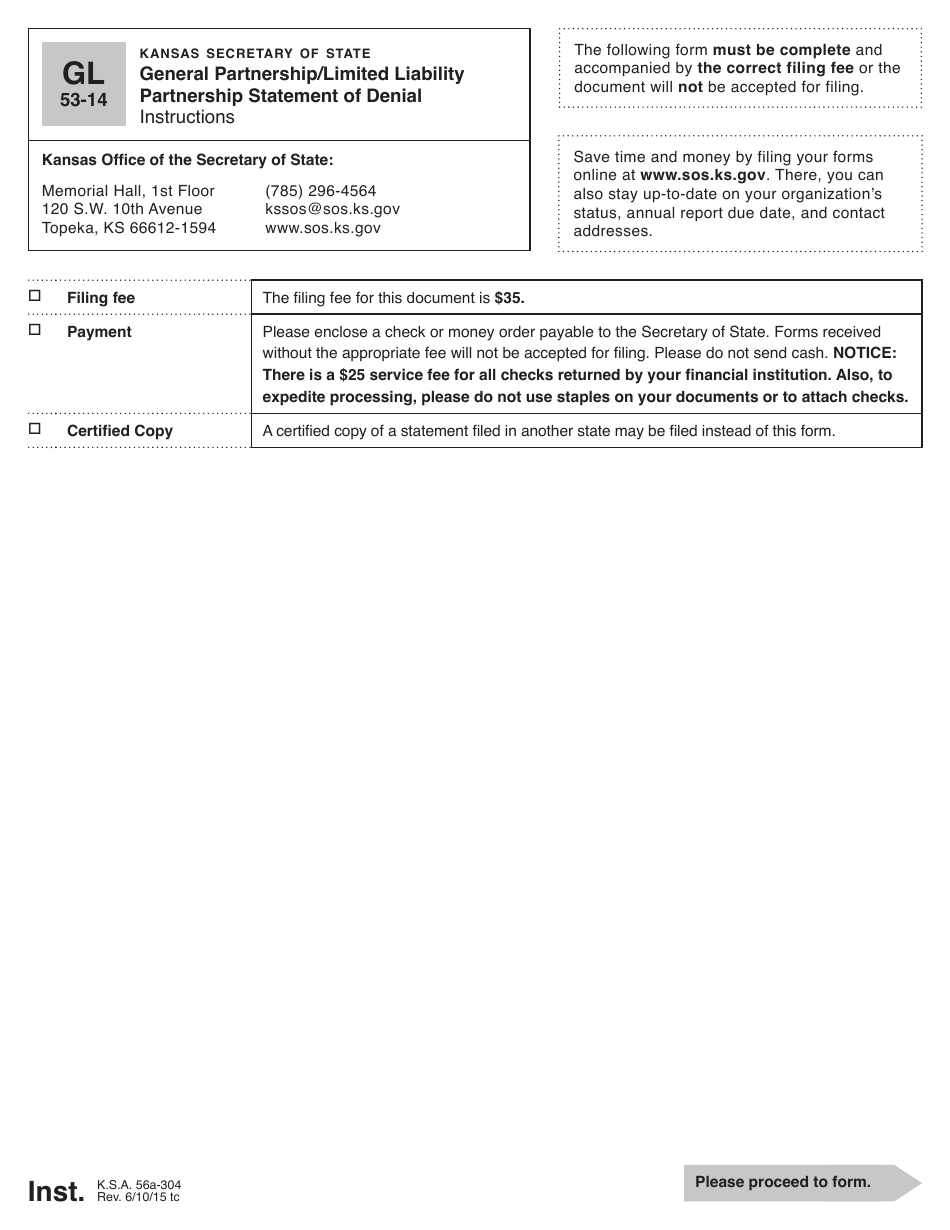 Form GL53-14 General Partnership / Limited Liability Partnership Statement of Denial - Kansas, Page 1