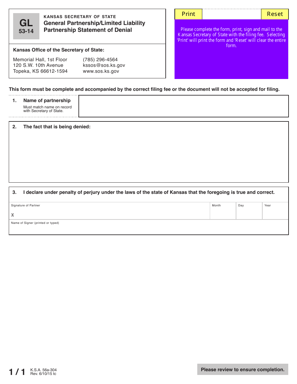 Form GL53-14 General Partnership / Limited Liability Partnership Statement of Denial - Kansas, Page 2