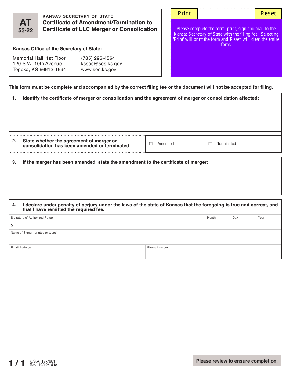 Form AT53-22 Certificate of Amendment / Termination to Certificate of LLC Merger or Consolidation - Kansas, Page 2